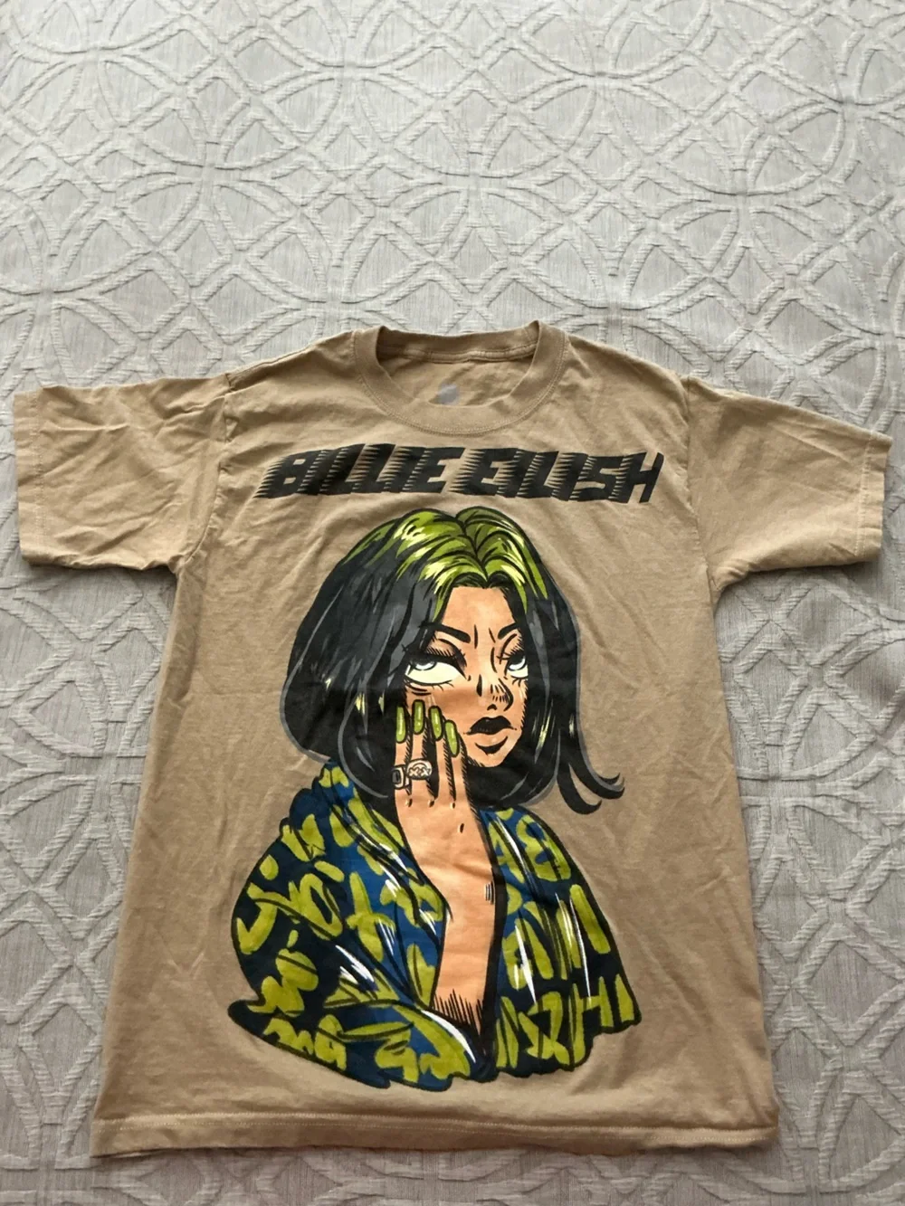 Billie Eilish Graphic Tee in Tan with Green & Black Art - Picture 3 of 4